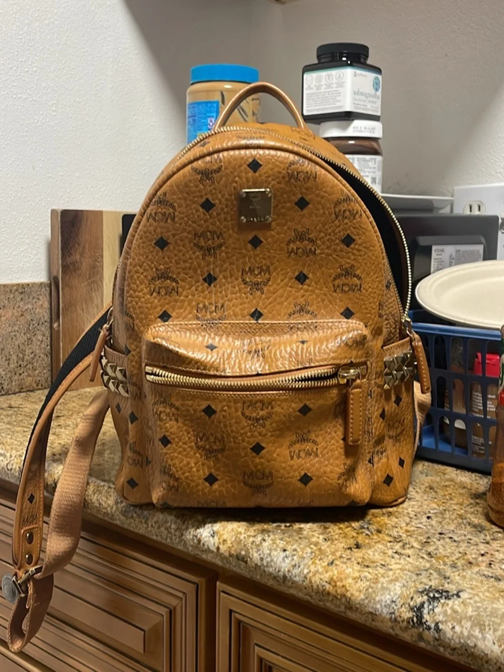 MCM Visetos Cognac Tan Logo Backpack with Gold Plate